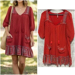 Free People Dress Womens Medium Red Babydoll Tunic Boho Festival Pockets
